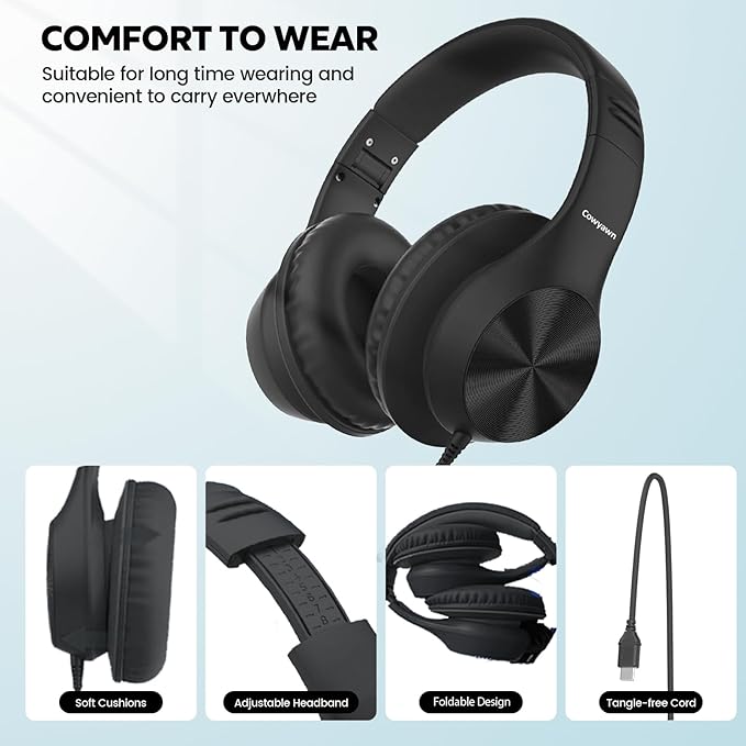 USB C Headphones Wired, Over Ear USB C Wired Headphones with Microphone, HD Stereo Sound, Volume Control, Foldable USB Type C Headphones for Adult/Teens/Computer/Laptop/iPhone 15/16/17, Black