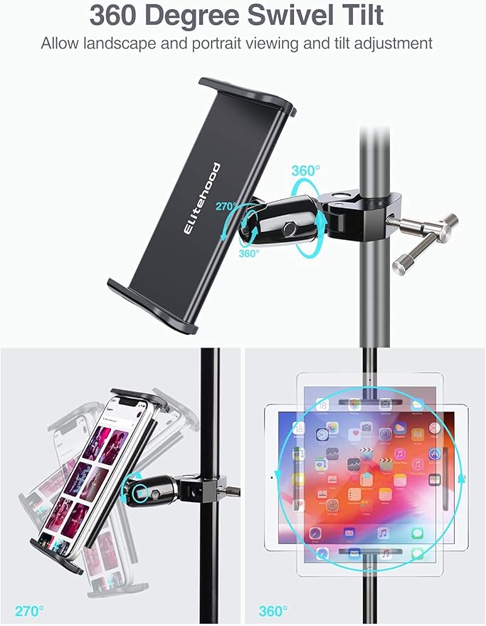 elitehood Metal iPad Holder for Mic Stand, 360° Adjustable Mic Stand Tablet Holder, Aluminum iPad Mount for Music Microphone Stand, Compatible with 4.7-13" Tablets and Cell Phones