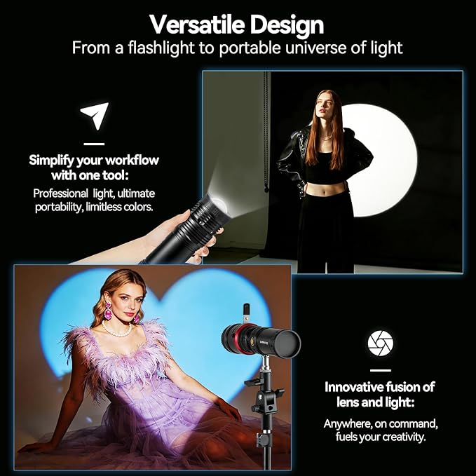 WELLMAKING 10W Four-color Projection Photography Flashlight, Professional Imaging Lens,Stepless Zoom, Zoomable Beam,7800mAh, with 20 gobos for Photo,Content Creation Video Recording Accessorie,YouTube