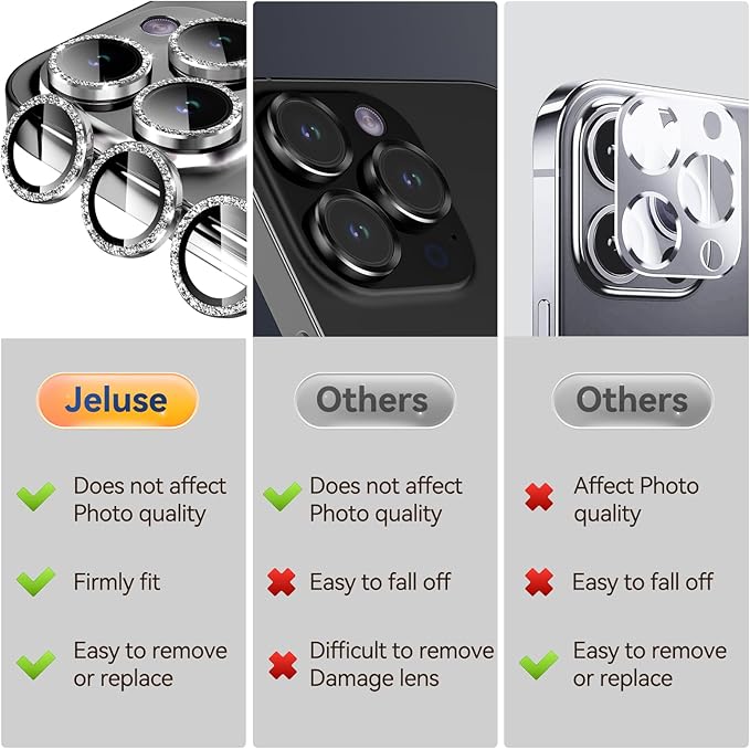 Jeluse Camera Lens Protector for iPhone 17 Pro Max/17 Pro/16 Pro Max/16 Pro/15 Pro Max/15 Pro/14 Pro Max/14 Pro, 9H Tempered Glass Screen Protector Cover Alignment Kit Metal Individual Ring