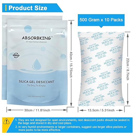 Large Desiccant Packs, 500 Gram 10 Packs Silica Gel Packets for Moisture Control, Silica Gel Car Dehumidifier by Reusable, Large Moisture Absorbers for Electric Tool, Basement, 3D Filaments and Safes