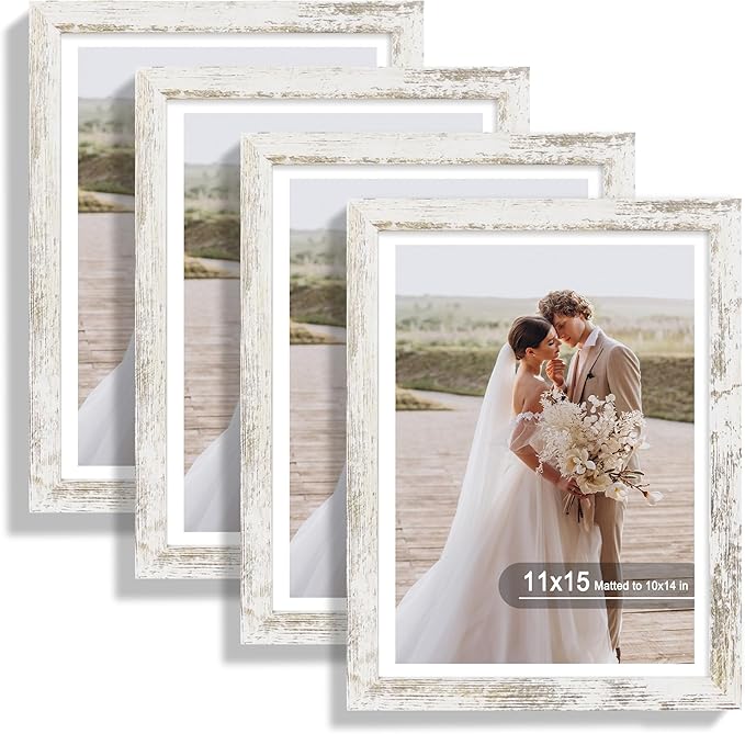 11x15 Picture Frame Set of 4, Made of Real Glass and Distressed White Frame - Display Picture 10x14 with Mat or 11x15 Without Mat, 11 by 15 Photo for Wall Mounting