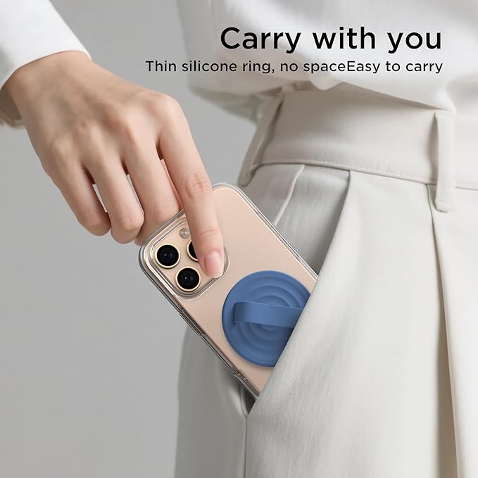 Magnetic Phone Grip Ring Holder, Liquid Silicone Magnet Cell Phone Grip Finger Loop, Compatible with Magsafe, Back of Phone for iPhone 17/16/15/14/13/12 Series, Azure Blue
