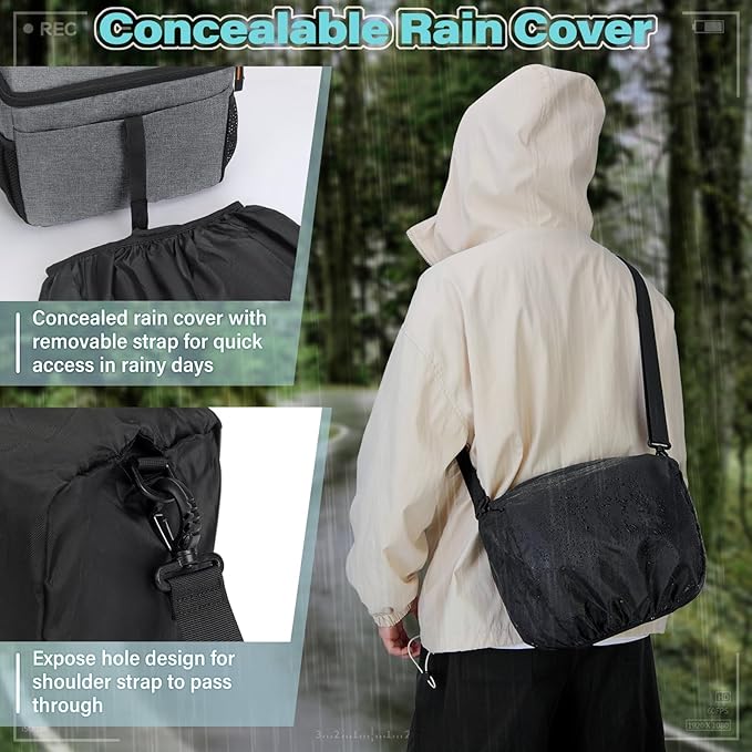 RAINSMORE Camera Bag for DSLR SLR Mirrorless Camera,Small Camera Sling Bag for Photographers Waterproof Camera Case with Tripod Holder Compact Camera Bag Crossbody with Rain Cover，Grey