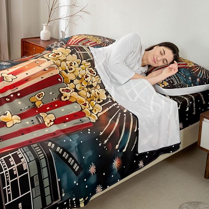 Erosebridal Movie Theme Bed Sheets Set Twin Size for Kids Boys Girls,Delicious Popcorn Sheet Set,Vintage Cinema Style Sheets,Fireworks Flat Fitted Sheet with 1 Pillowcase Deep Pockets