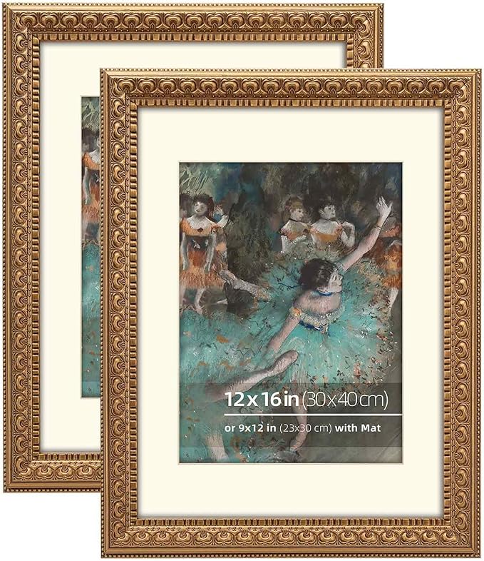 12x16 Antique Gold Wood Ornate Vintage Classic Picture Frame, With Mat for 9x12 Poster or Wall Art, Plex Glass Cover, Wall Hanging Horiztonal or Vertical Display, 2 Pack