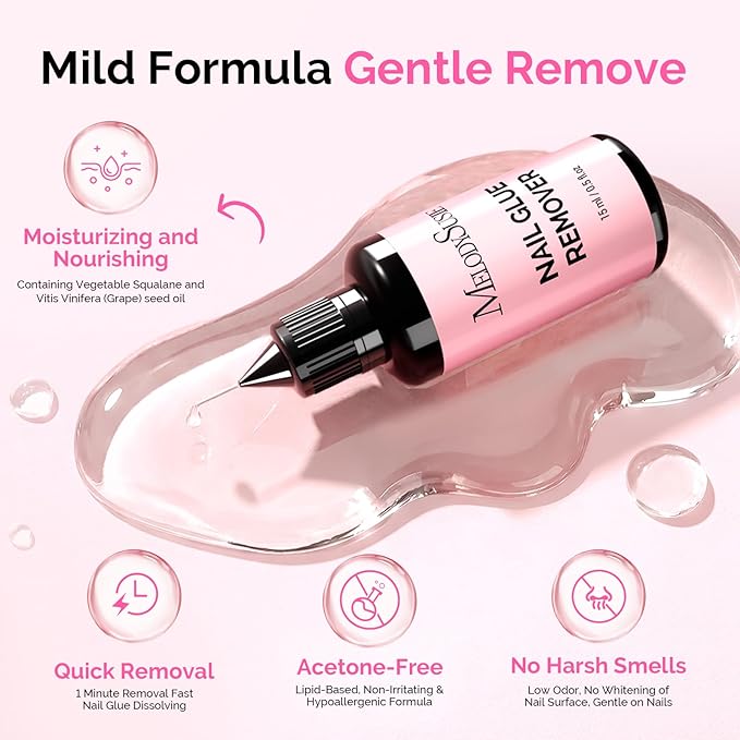 MelodySusie 2PCS Nail Glue Remover for Press on Nails, Acetone Free Nail Polish Remover Multi-Functional Liquid for Removing Glue from Nail Tips Full Cover Nails for Home and Salon Use