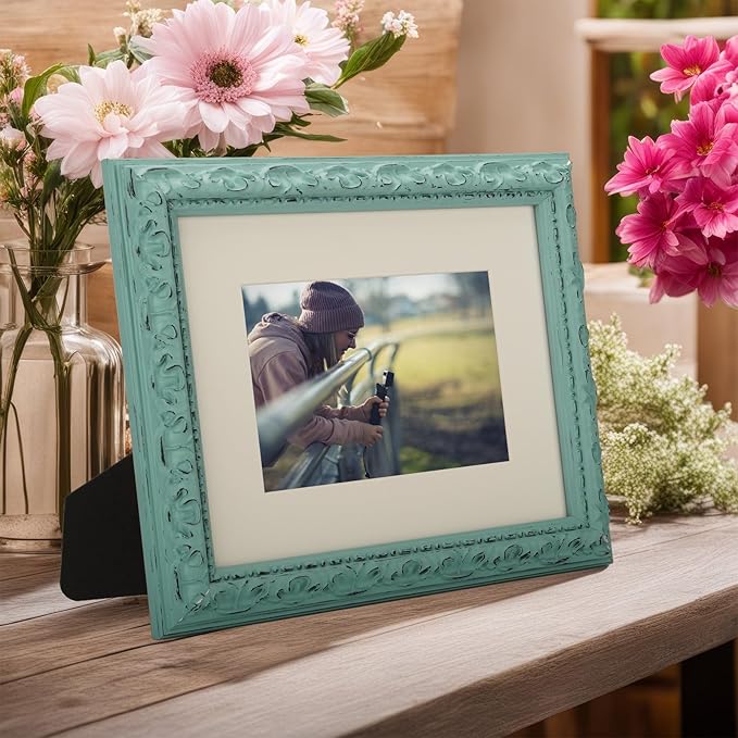 8x10 inch Distressed Wood Embossed Scroll Motif Vintage Antique Rustic Picture Frame, White Mat for 5x7 in Photo, Art Print Drawing, Wall Hanging or Desktop Display-Turquoise Blue