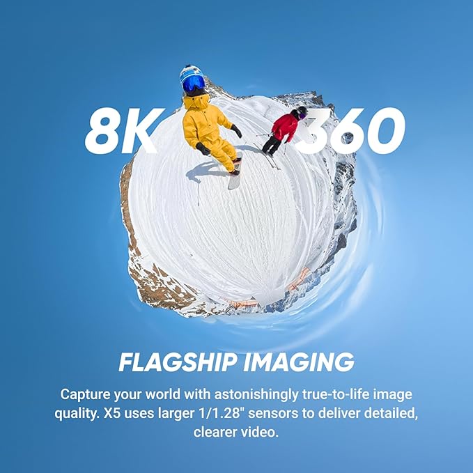 Insta360 X5 Ski Bundle - Waterproof 8K 360 Camera, Invisible Selfie Stick Effect, Leading Low Light, Rugged & Replaceable Lens, 3-Hour Battery, Clear Audio, Stabilization