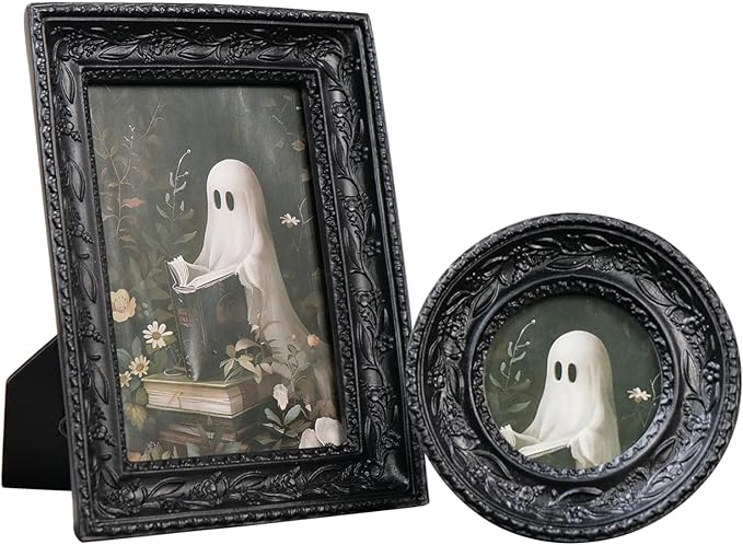 Cuspin Gothic Picture Frame Set of 2, Vintage Ornate Black Resin Frames (4x6 Rectangle & 3x3 Round), Baroque Decorative Photo Frames with Plexiglass Front, Tabletop Easel & Wall Mount