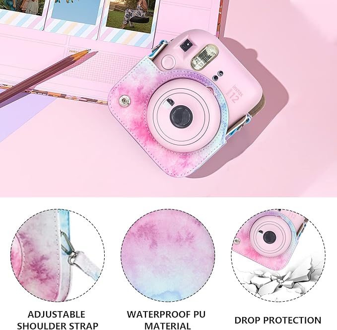 CAIYOULE Protective Camera Case for Instax Mini 12 Instant Camera Fuji Mini 12 Case PU Leather Carrying Bag with Adjustable Shoulder Strap and 64 Pockets Photo Album - Blue Pink Watercolor