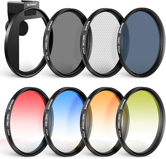 NEEWER Clip On 67mm Phone ND Filter Kit with Cold Shoe Lens Clip, CPL/ND32/6 Point Star/4 Graduated Color Filter Compatible with iPhone 17 16 16e 15 Android Samsung Galaxy S25 Ultra S24