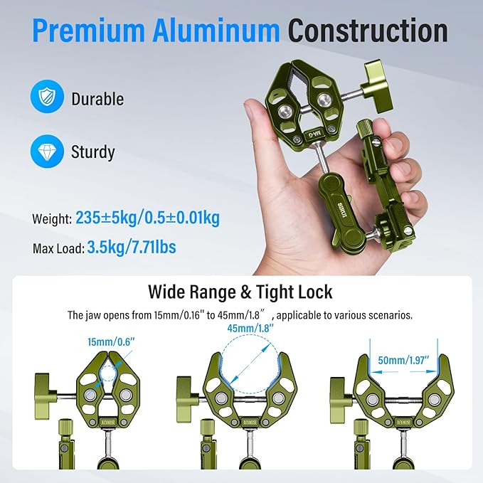 SIRUI Articulating Camera Mount Clamp with Phone Holder, Magic Arm Super Clamp with 1/4"-20 Thread and 3/8"-16 Locating Hole for ARRI, Ball Head Mount for Monitor and Bicycle, MA-G, Green