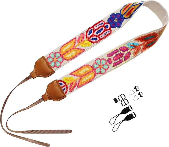 UNIKSTRAP Original Design Adjustable Camera Strap, Vintage Style Hand Made Crochet Colorful Flowers, 2 Inch (5cm) Width, Fit for Canon Nikon Sony Interchangeable Lens Digital Camera/DSLR