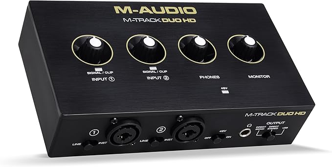 M-AUDIO M-Track Duo HD Audio Interface, M100 Condenser Microphone and HDH41 Studio Monitoring Headphones for Recording, Producers, Content Creators and Podcasters