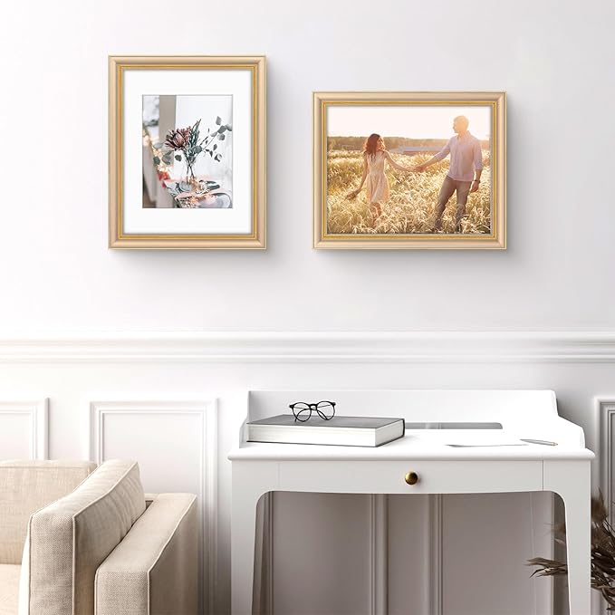 Golden State Art,11x14 Ornate Picture Frame for 8x10 Photo with Mat or 11 x 14 Prints Without Mat, Real Glass Wall Display Horizontally or Vertically (Color:Champagne Gold)