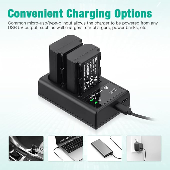 FirstPower NP-FZ100 Battery & Dual USB Charger for Sony A7III A7IV A7RIII A7RIV A7SIII A7C A6600 A1 A9 A9II FX3 FX30 ZV-E1 ZV-E10II, 2-Pack 2600mAh High Capacity