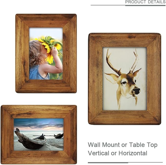 Picture Frame 5x7 Inch,Rustic Wood Photo Frames with Real Glass,Wall Hanging and Tabletop Standing,Vertical or Horizontal Display (Brown)