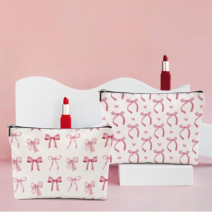 2PCS Pink Bow Makeup Bag, Coquette Preppy Bow Cosmetic Bags Gifts for Women Girls Pink Trendy Toiletry Bag Best Birthday Christmas Gifts for Girls Women Sister Travel Cosmetic Bag