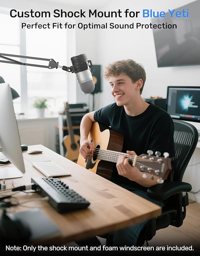 [2026 Upgrade]Custom Blue Yeti Shock Mount with Pop Filter - Elastic Suspension Design Reduces Vibration Noise, Shock Mount 100% Fits Blue Yeti, Matches Mic Boom Arm, with 3/8" to 5/8" Screw Adapter