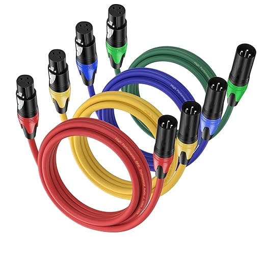 XLR Cable 10ft 4 Packs - Premium Balanced Microphone Cable with 3-Pin XLR Male to Female Mic Speaker Cable, 4 Colors (Red, Yellow, Green, Blue), Pure Copper and Plated Conductors
