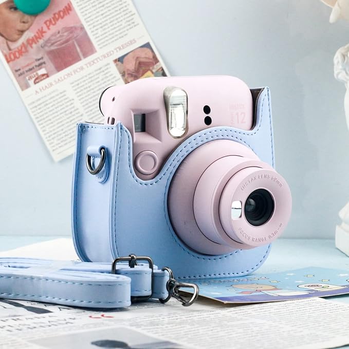 Frankmate Protective Case Compatible with Fujifilm Instax Mini 12 11 9 8 Instant Film Camera with Pocket and Adjustable Strap (Blue)