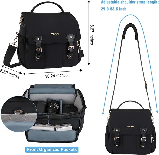 MOSISO Small Camera Bag for Photographers, Puffy Camera Shoulder Bag for DSLR/SLR Cameras, Padded Flap Crossbody Photography Handbag for Women with Tripod Holder&Rain Cover for Canon/Nikon/Sony, Black