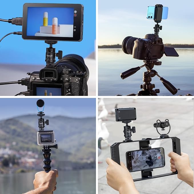 Mini Ball Head, Panoramic Camera Tripod Head with 1/4" Screw and Dual Hot Shoe Mount, 360 Rotatable Metal Adapter for DSLR Camera Tripods Monopods Camcorder Light Microphone, Max Load 5.5lbs