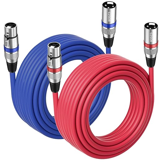XLR Cables 25 ft 2 Pack, 3-Pin XLR Microphone Male to Female Cable, Compatible with Microphones, Mic Mixer, Speakers and More, Blue + Red