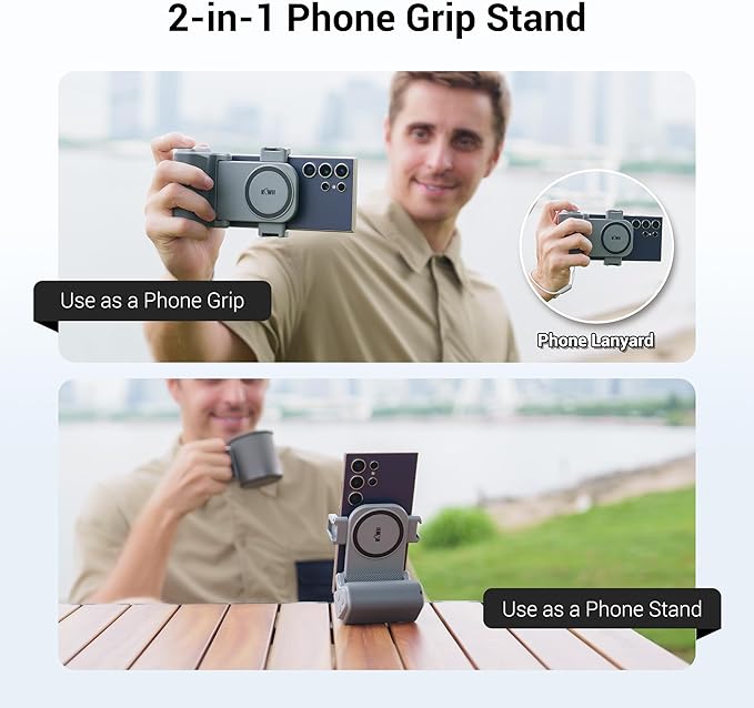 KIWIFOTOS Travel Phone Camera Grip Smartphones Camera Handle with Remote Control & Cold Shoe Mount for iPhone 17 16 Pro Max Samsung S24 S25 Selfie Vlog Video Shooting-Gray