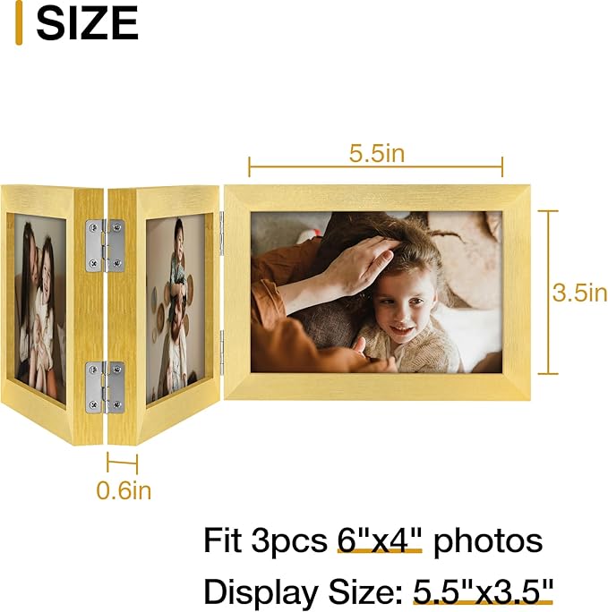 decorUhome Triple 6x4 Picture Frame Horizontal, Engineered Wood Trifold Photo Frame with Plexiglass for Tabletop Display, 6x4, Gold