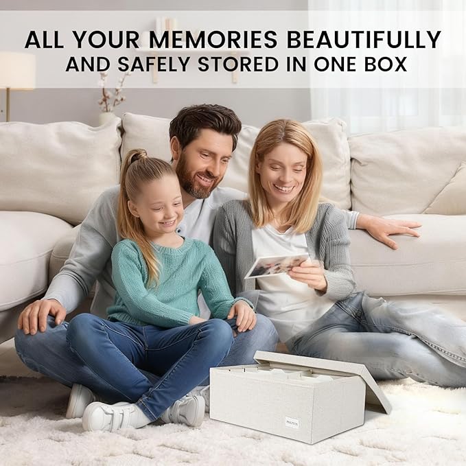 Himake Decorative Photo Storage Box - Linen Photo Box Organizers with Dividers, Fits Holds Up to 800 Photos in 8x10 inch Size, Portable Scrapbook Storage Containers with Lid (Beige)