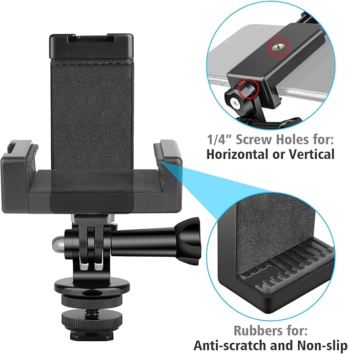 Anwenk Phone Holder Hot Shoe Mount Adapter with Cold Shoe Mount for Microphone/ Flash Light Compatible with Gopro Hero DJI Osmo Action Camera Smartphone, Attach on DSLR Camera / Ring Light/ Tripod
