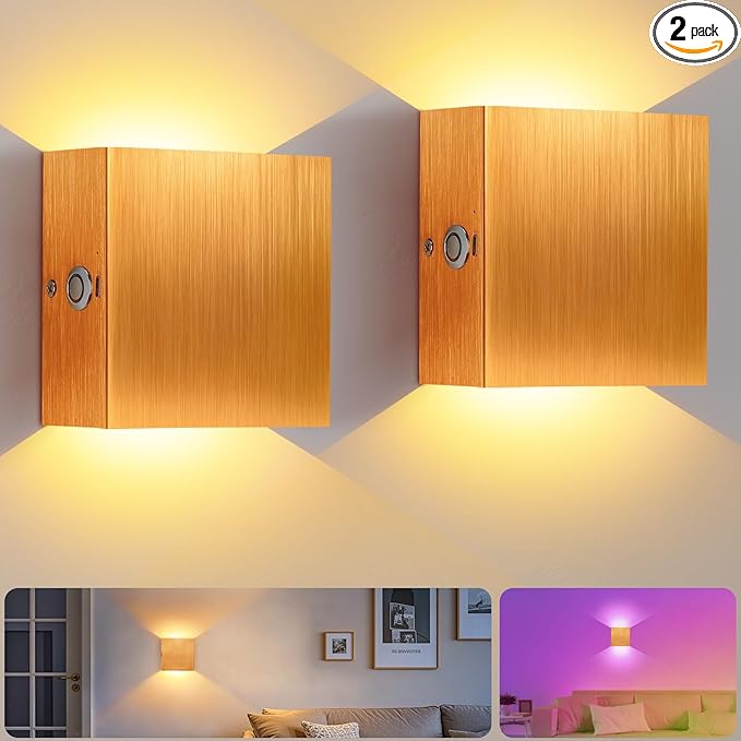Lightess RGB Rechargeable Wall Sconces Set of Two with Remote Control, 13 Colors LED Cordless Wall Lights, Dimmable Wall Lamp for Bedroom, Living Room, Hallway (Gold)