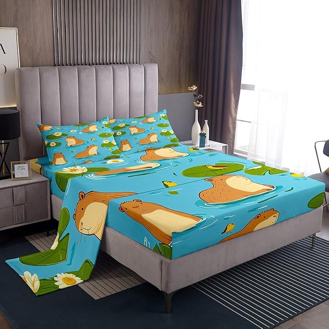 Erosebridal Capybara Queen Bed Sheets Set Capybara Lovers Sheet Set for Kids Boys Girl,Funny Rodent Animal Sheets Cute Cartoon Capybaras Fitted Sheet Botanical Flowers Decor Gifts for Capybara Lovers