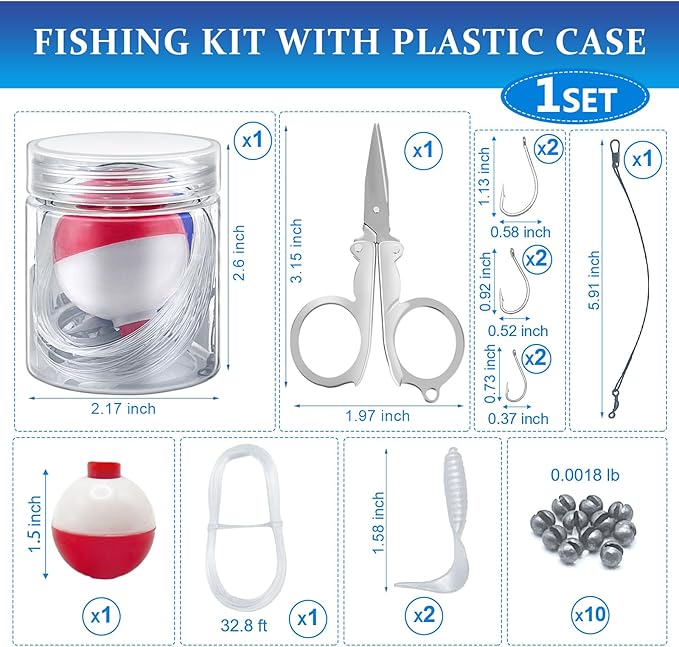 Mini Fishing Kits Bulk for Age 9-14 Christmas Shoebox Fillers Emergency Fishing Survival Kit Small Fishing Kit with Jar Fishing Accessories Fishing Gear for Beginner Stocking Stuffer Gift