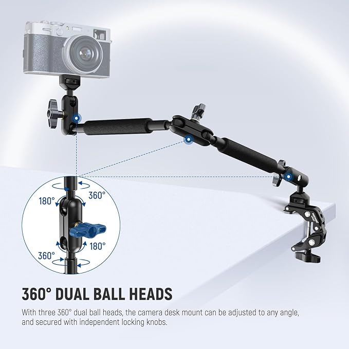 NEEWER Magic Arm Camera Mount, Overhead Desk Phone Mic Stand Holder, 22" Articulating Boom Arm C Clamp 1/4" 3/8" Threads for ARRI for Microphone Webcam Action Camera Video Light, Cleaning Cloth, UA057