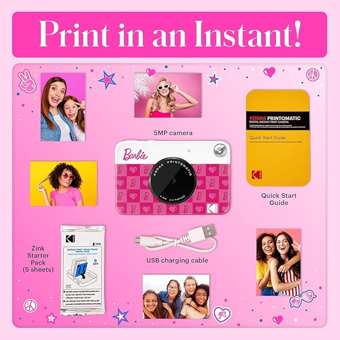 Kodak x Barbie Printomatic Full-Color Instant Print Digital Camera, 5MP Portable Barbie Camera, Zink 2x3 (5.1x7.5 cm) Sticky-Back Photo Paper, Gift for Christmas, Holiday, Birthday, Iconic Style