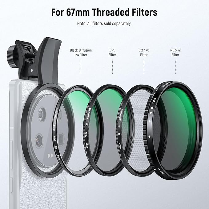 NEEWER 67mm Phone Camera Lens Filter Clamp, Adjustable Threaded Filter Clip Mount with Nonslip Rubber Pads, Compatible with Samsung Galaxy Google Pixel Huawei Xiaomi, LA008