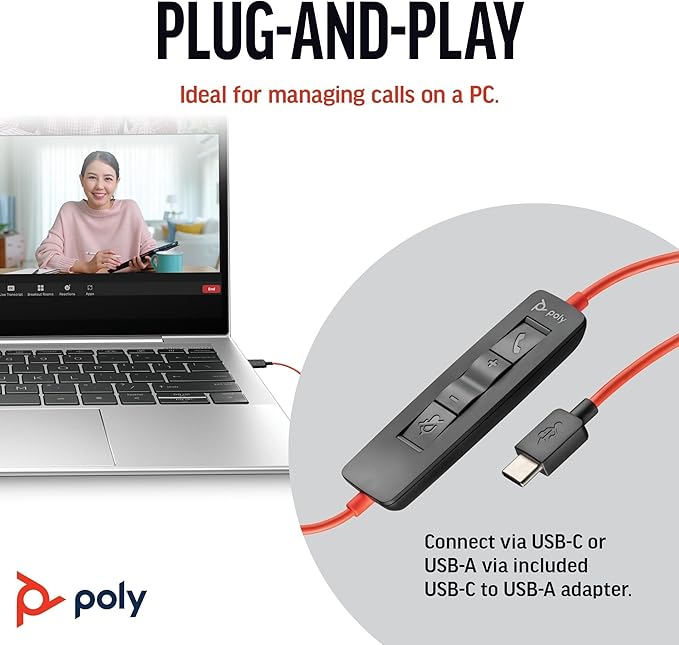 Poly Blackwire 3320 Wired Headset (Plantronics) – Flexible Microphone Boom – Hi-fi Stereo - Connect to PC/Mac via USB-C or USB-A - Works with Teams/Zoom - Amazon Exclusive