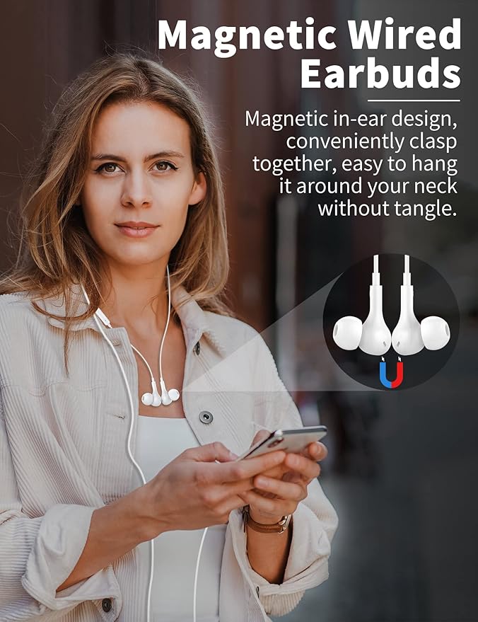 USB C Headphone for Samsung S26 S25 FE S24 A16 A17 Wired Earbuds Magnetic in-Ear Type C Earphone with Microphone Volume Control Bass Stereo Noise Canceling for iPhone 17 Pro Max 16 16e 15 Pixel 10 9a