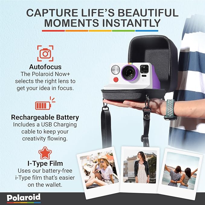 Polaroid Now Generation 3 I-Type Instant Camera (Purple) Bundle with Color I-Type Film (8 Exposures), Hard Protective Case, and Wrist Strap