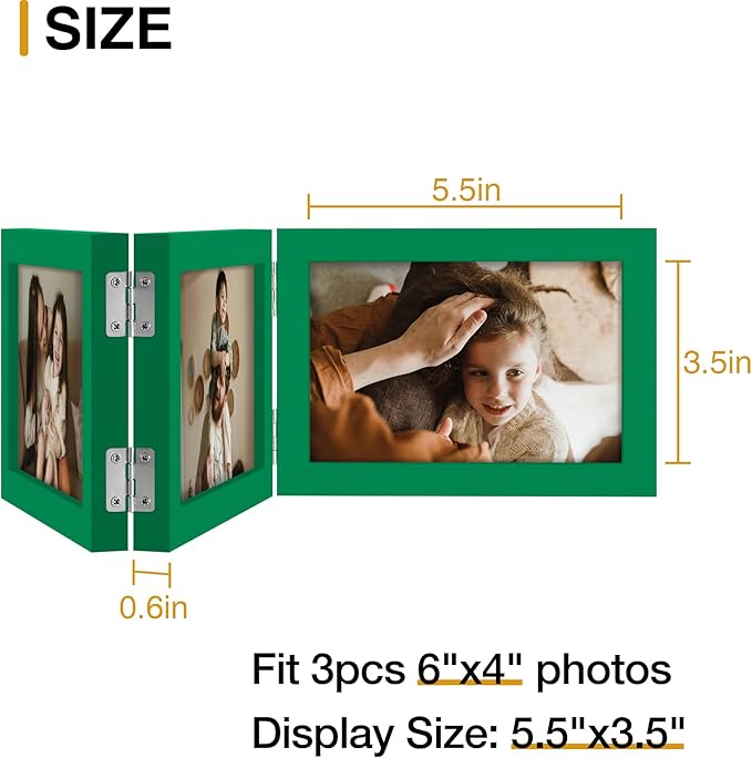 decorUhome Triple 6x4 Picture Frame Horizontal, Engineered Wood Trifold Photo Frame with Plexiglass for Tabletop Display, 6x4, Green