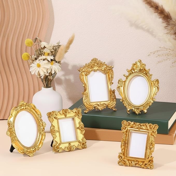 Maitys 5 Pcs Mini Picture Vintage Frames with Stands Tiny Antique Photo Baroque Ornate Resin Oval Frame Table Top Display Home Wedding Decor (Gold)