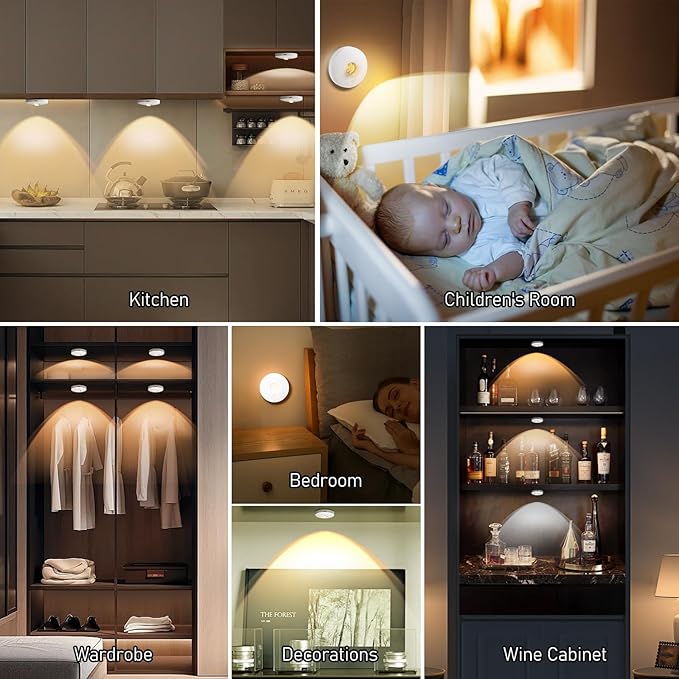Rechargeable Puck Lights,LED Under Cabinet Counter,2000mAh Battery Operated Tap Stick on Lights,Touch&Remote Controls Dimmable Wireless Closet Light for Kitchen (White-3color, 6)