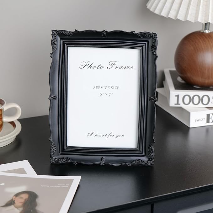 Cuspin Black Vintage Picture Frame 5x7, Gothic Frams Handmade Resin Photo Frame with Carved Texture & Glass Front for Tabletop Display or Wall Hanging, Black Home Decor