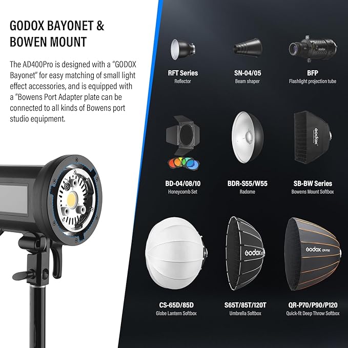 Godox AD400Pro 400Ws GN72 TTL 1/8000s HSS 2.4G X System All-in-One Outdoor Flash Speedlite Strobe Light, Battery-Powered Monolight, 390 Full Power Pops, 0.01-1s Recycle Time, 30W LED Modeling Lamp