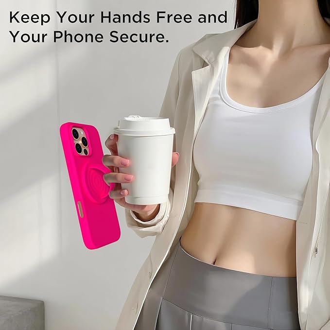 Magnetic Phone Grip Ring Holder, Liquid Silicone Magnet Cell Phone Grip Finger Loop, Compatible with Magsafe, Back of Phone for iPhone 17/16/15/14/13/12 Series, Neon Pink