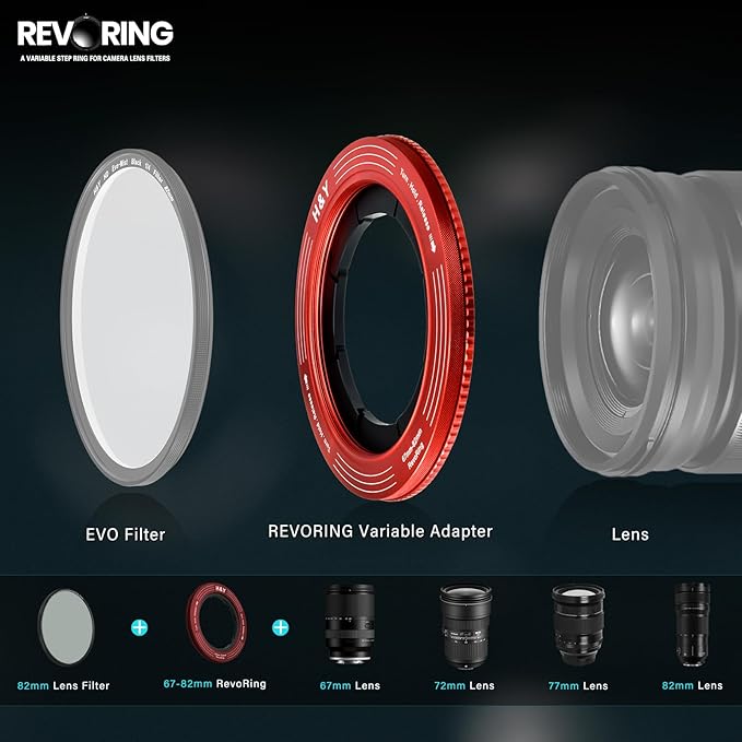 H&Y RevoRing Adjustable Step Up Ring 67-82mm to 82mm, Variable Lens Filter Adapter Ring, Universal Stepping System fits 67 72 77 82mm, Red