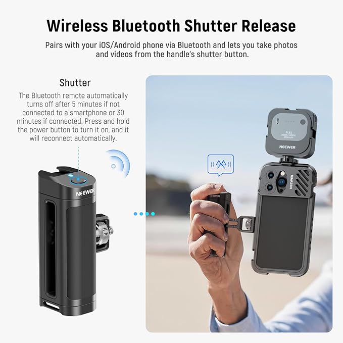 NEEWER Side Handle Grip with Wireless Remote Control Button Shutter Trigger for Smartphone Cage Video Rig, 7" Articulating Magic Arm Clamp Mount with Super Clamp Included
